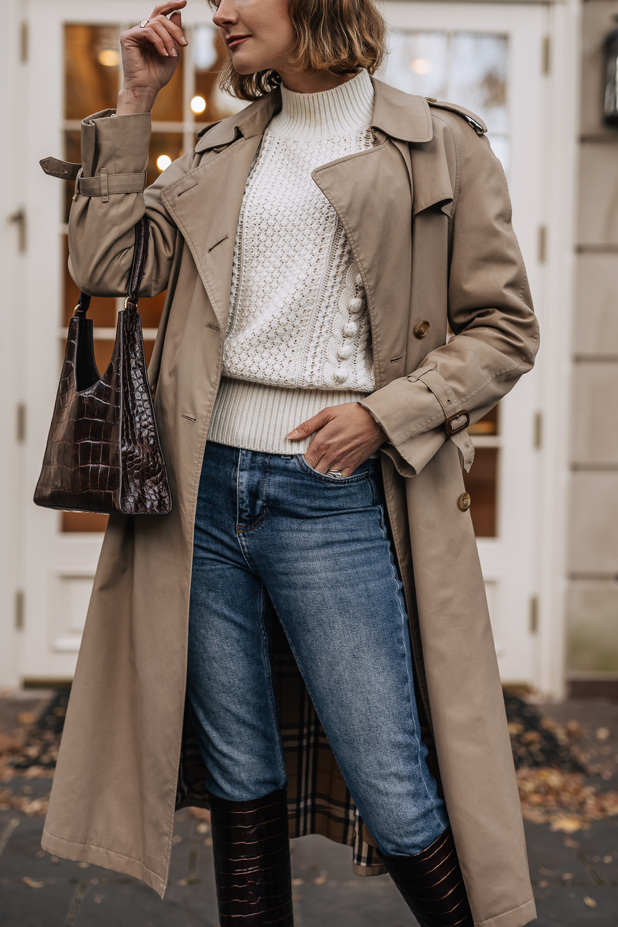 classic trench coat & knee high boots outfit