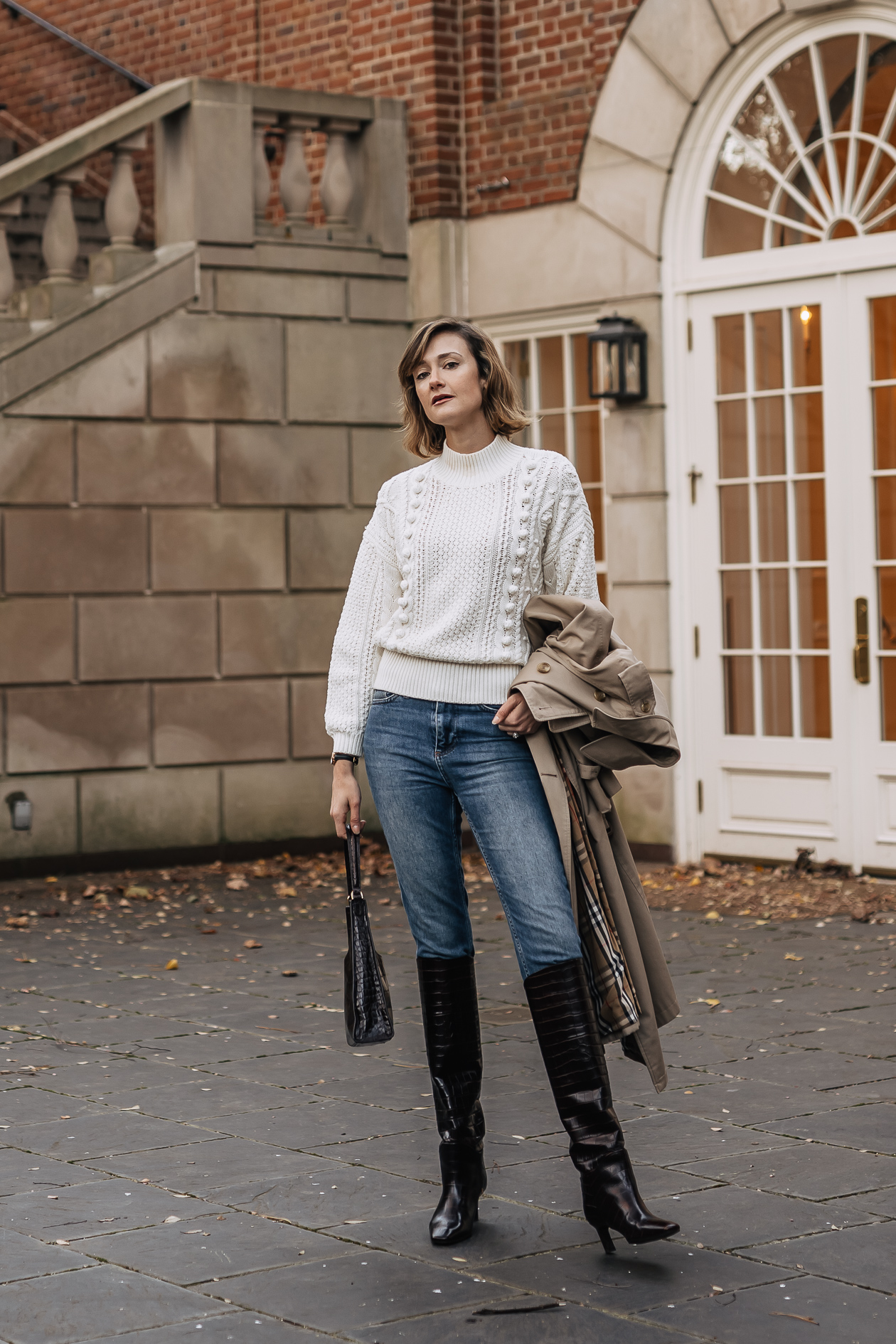 classic trench coat & knee high boots outfit