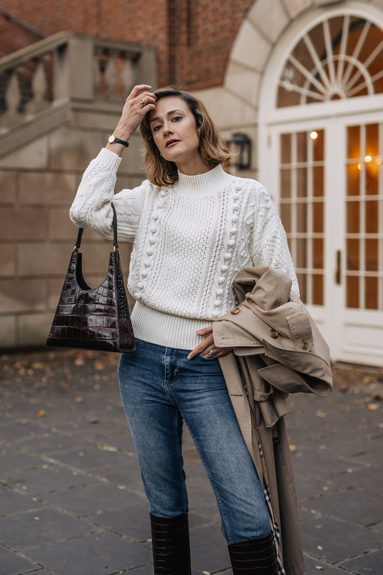 classic trench coat & knee high boots outfit