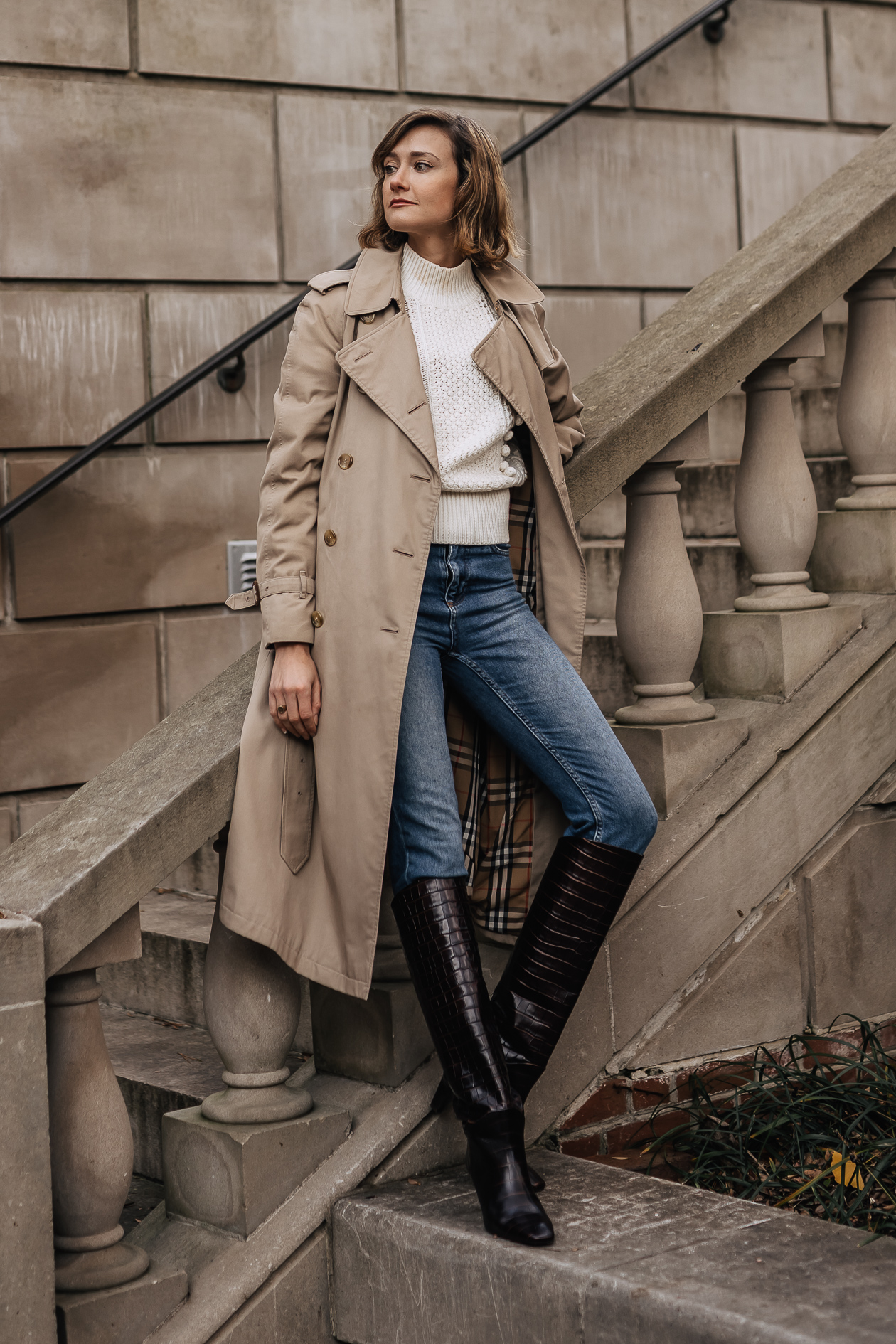 classic trench coat & knee high boots outfit