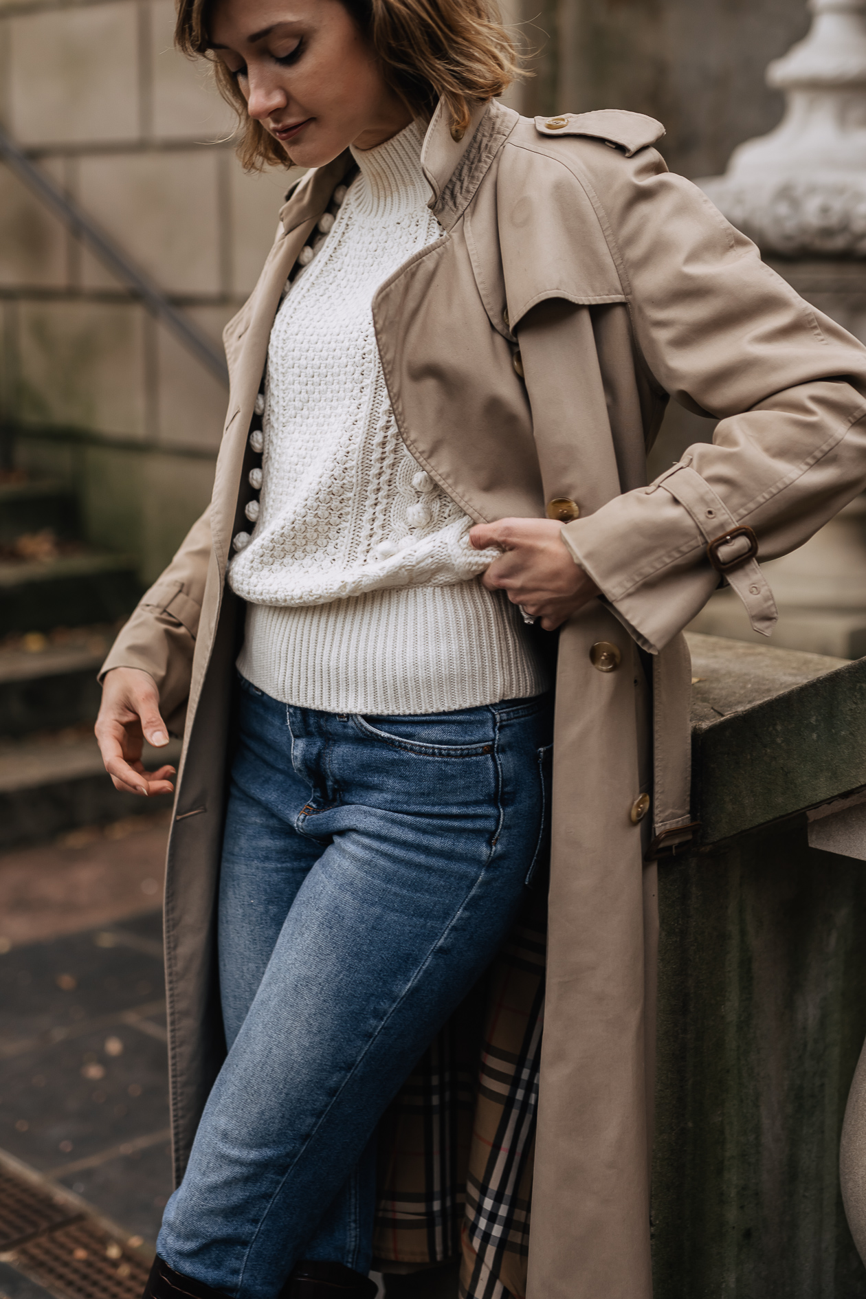 classic trench coat & knee high boots outfit