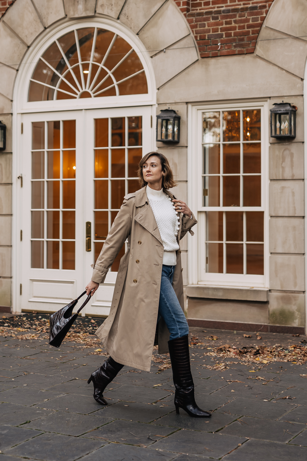 classic trench coat & knee high boots outfit