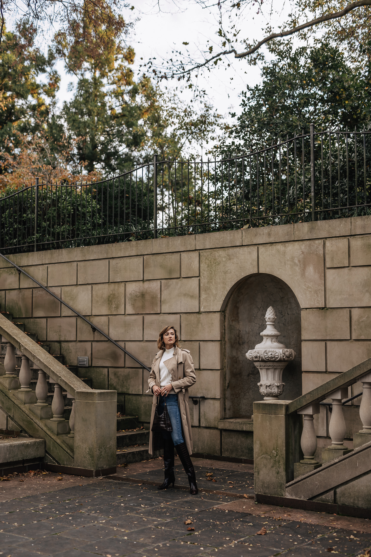 classic trench coat & knee high boots outfit