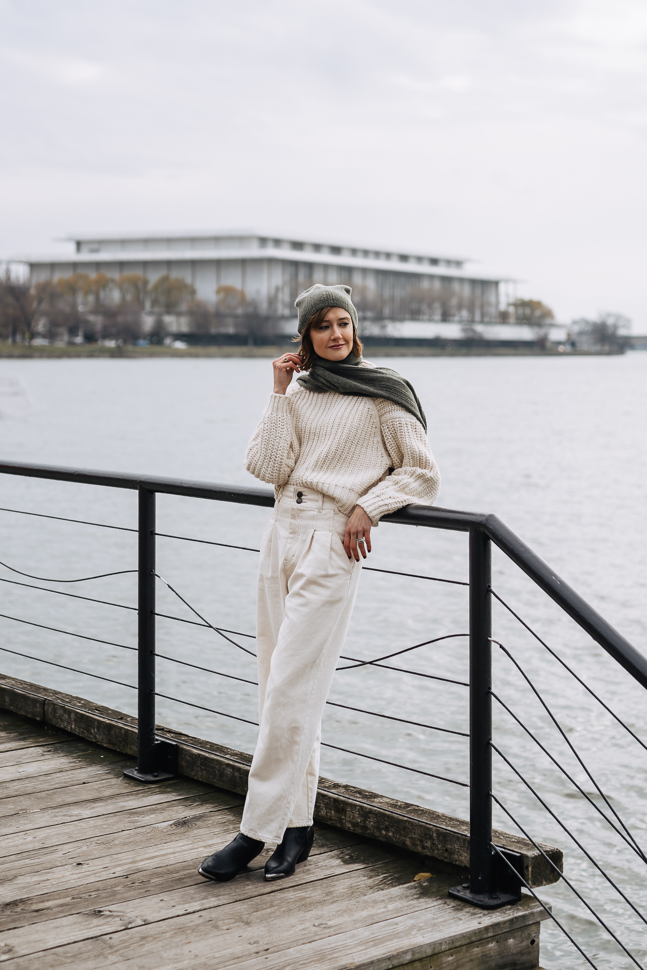 winter white outfit with cashmere beanie