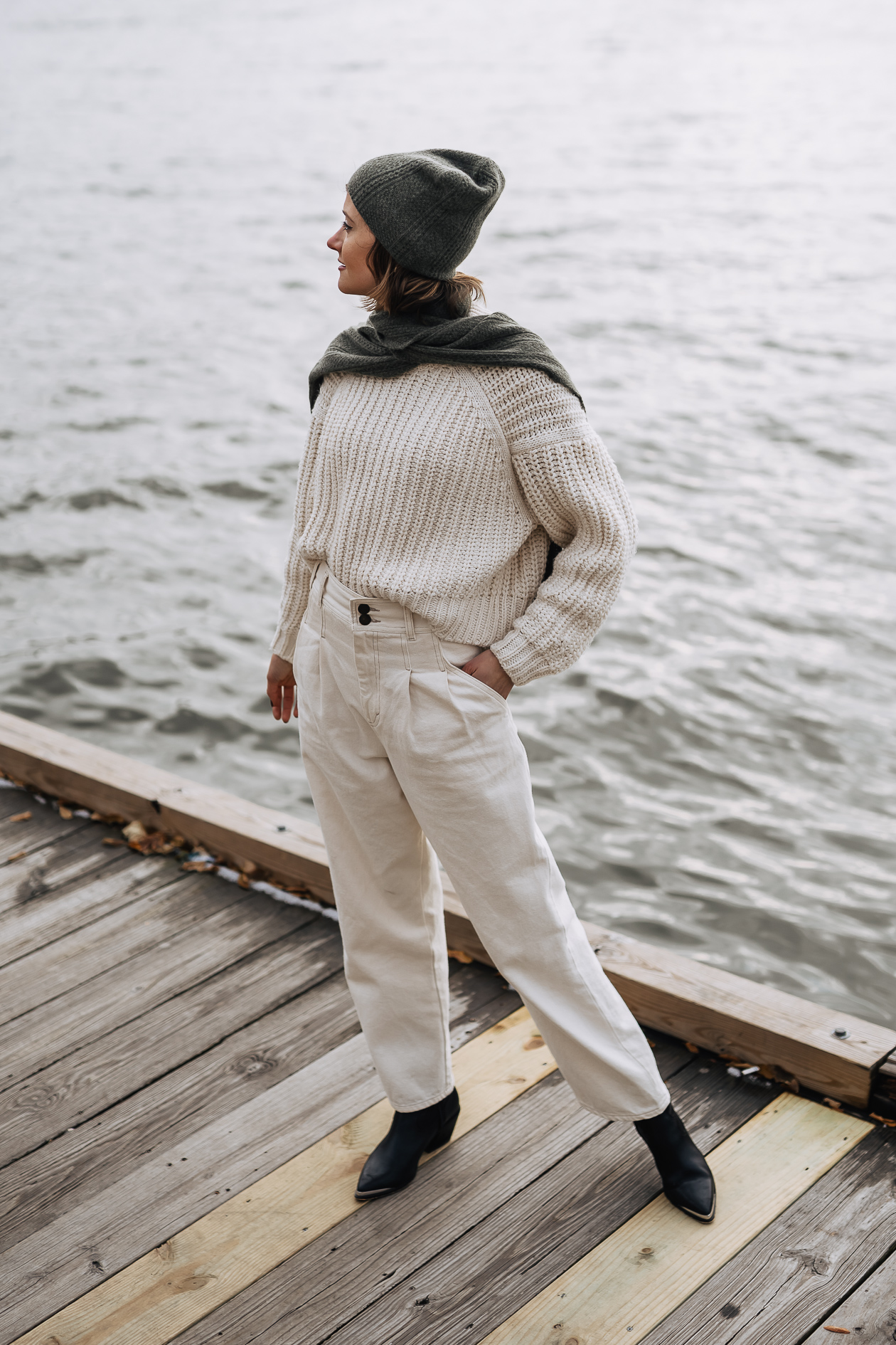 winter white outfit with cashmere beanie