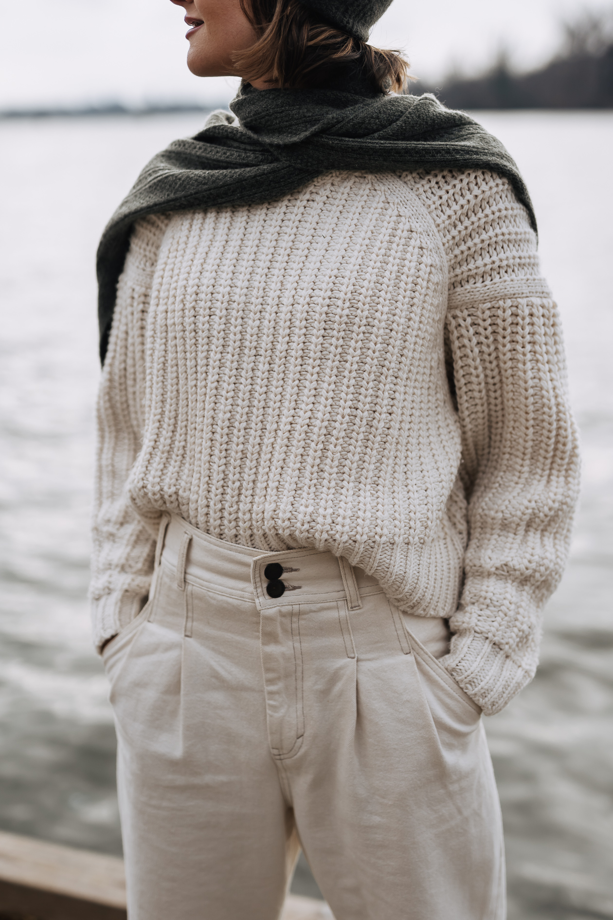 winter white outfit with cashmere beanie