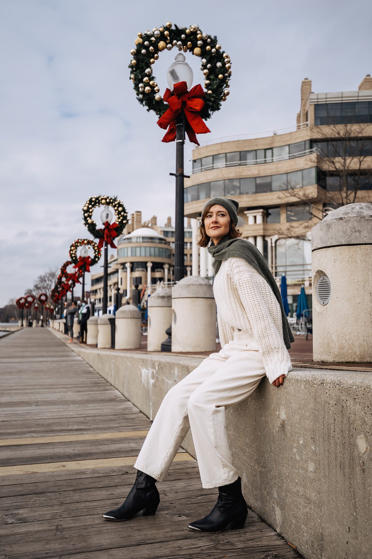 winter white outfit with cashmere beanie