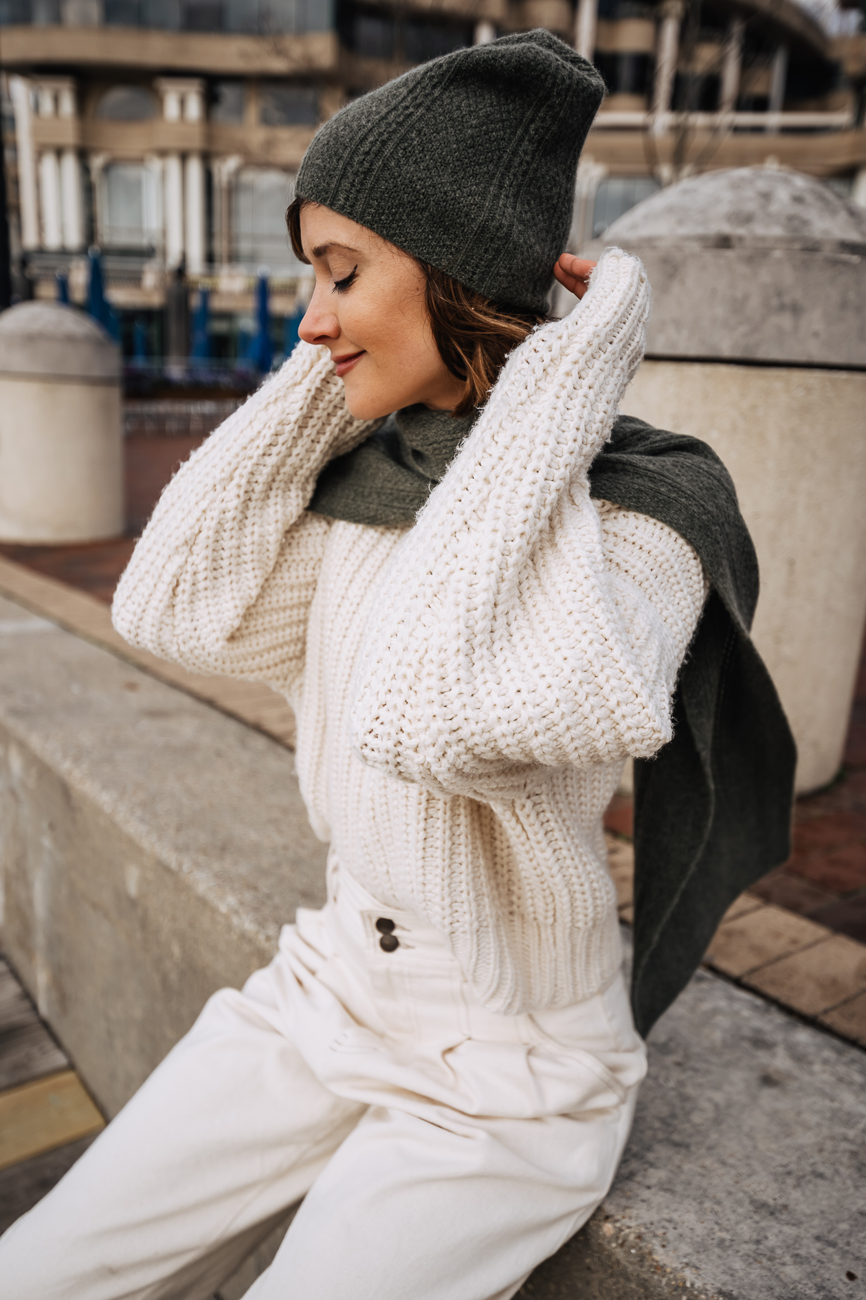 winter white outfit with cashmere beanie