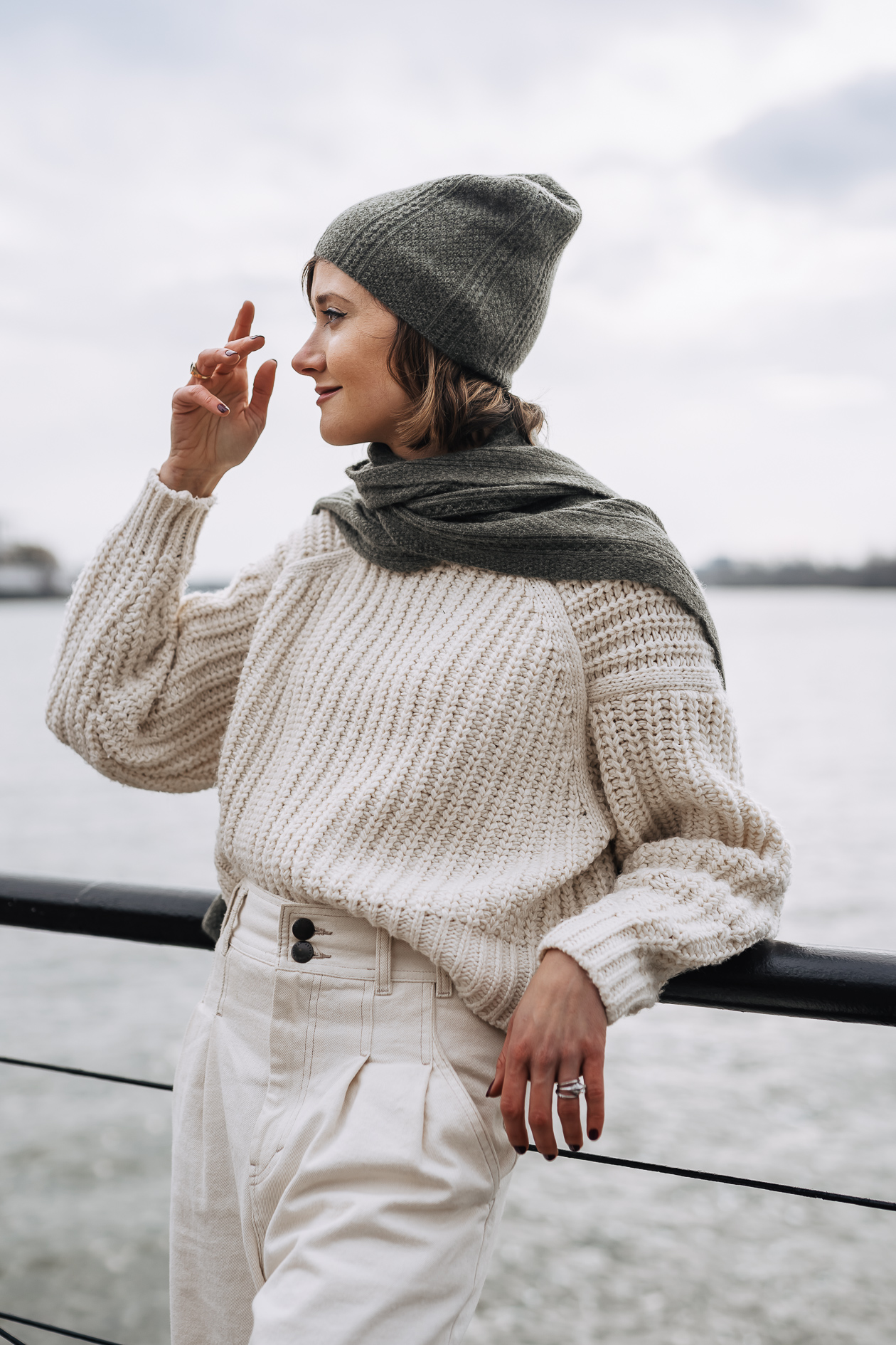 winter white outfit with cashmere beanie