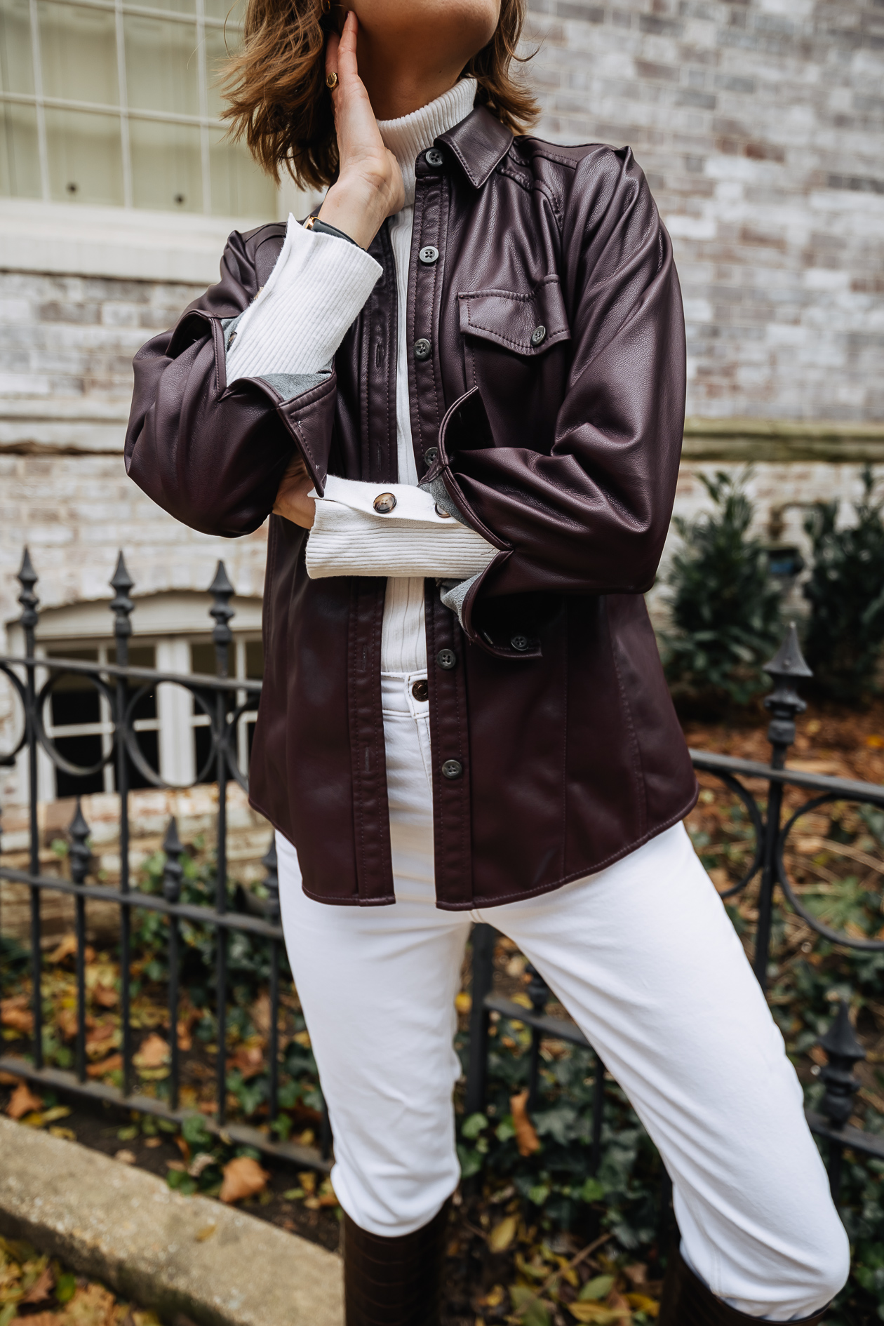 winter white outfit with leather shacket