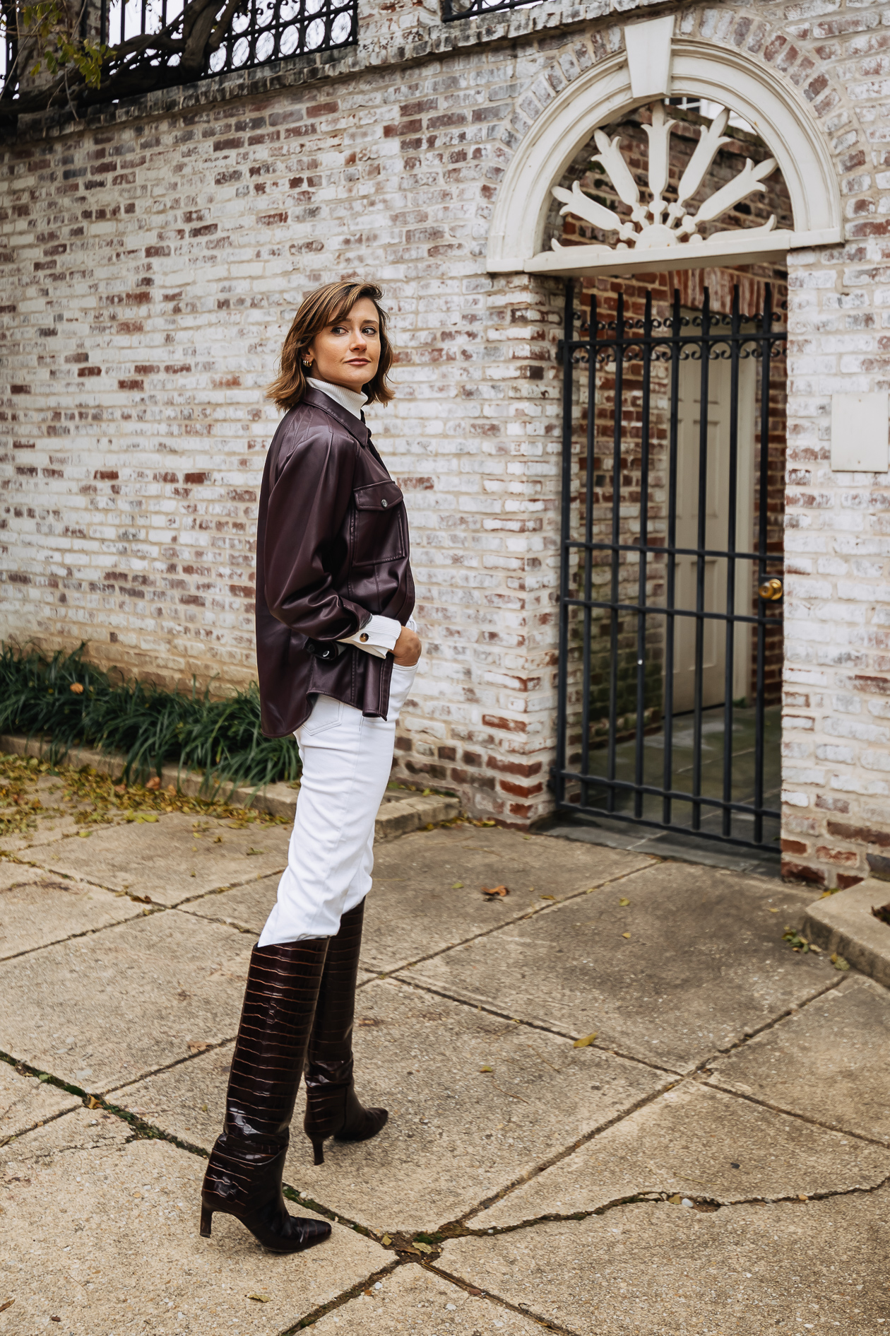 winter white outfit with leather shacket