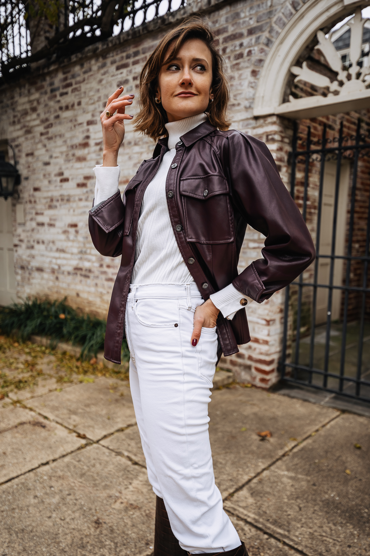 winter white outfit with leather shacket