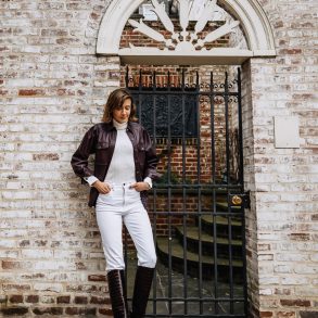 winter white outfit with leather shacket