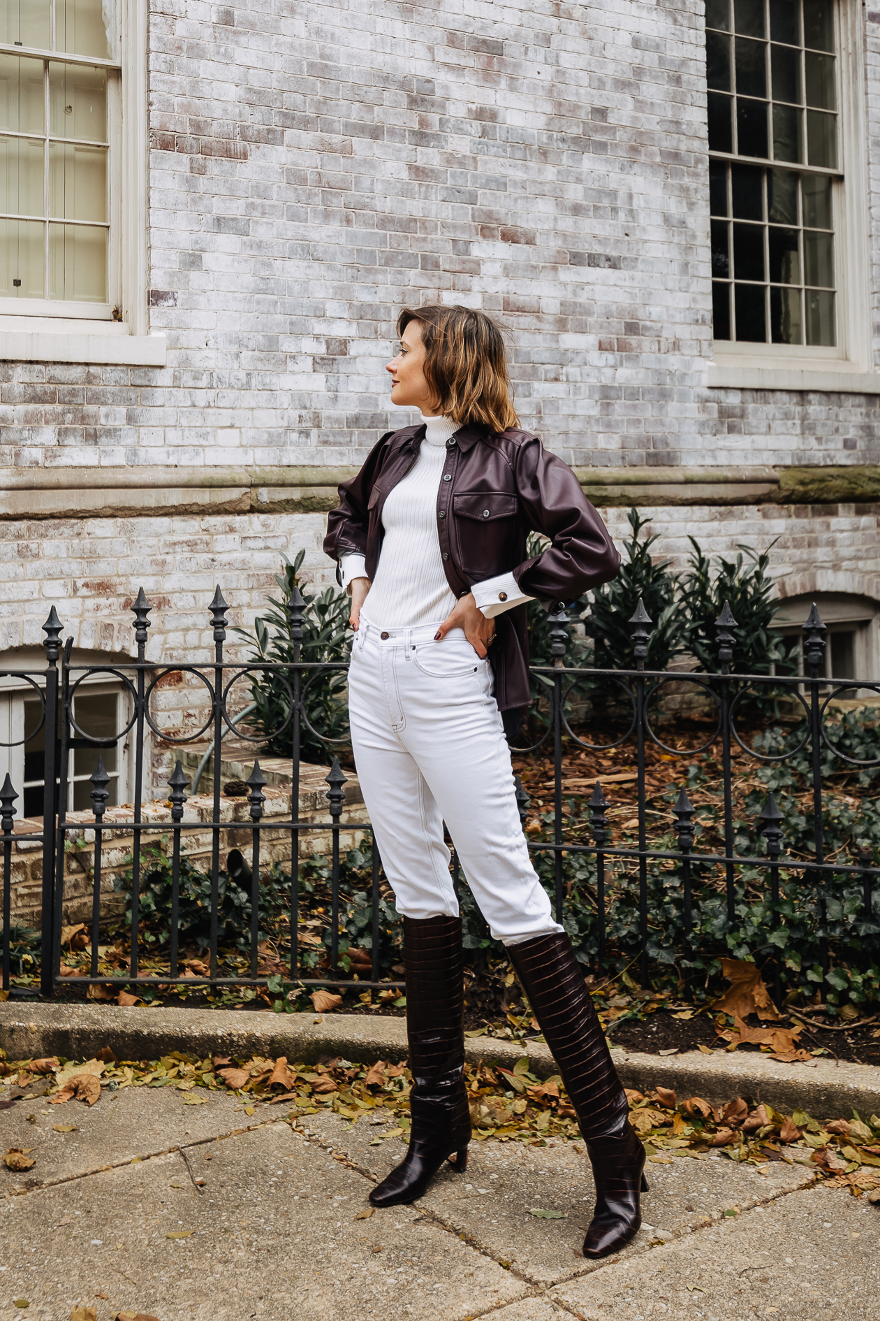 winter white outfit with leather shacket