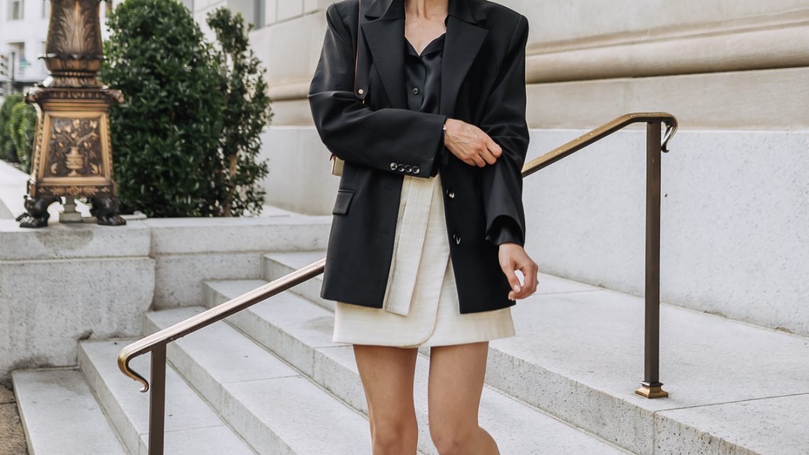 black blazer & beige wrap skirt outfit