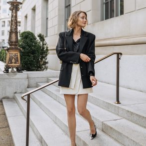 black blazer & beige wrap skirt outfit