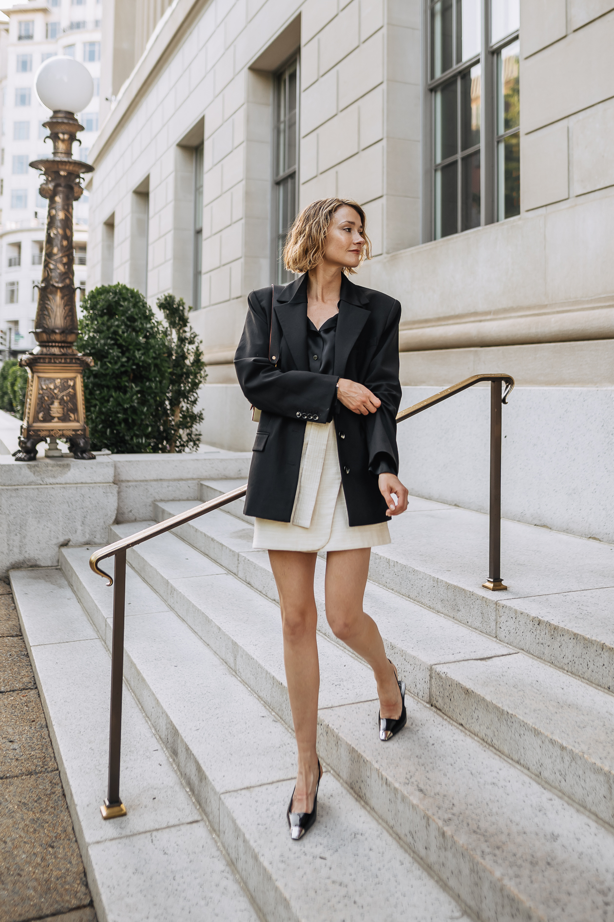 black blazer & beige wrap skirt outfit