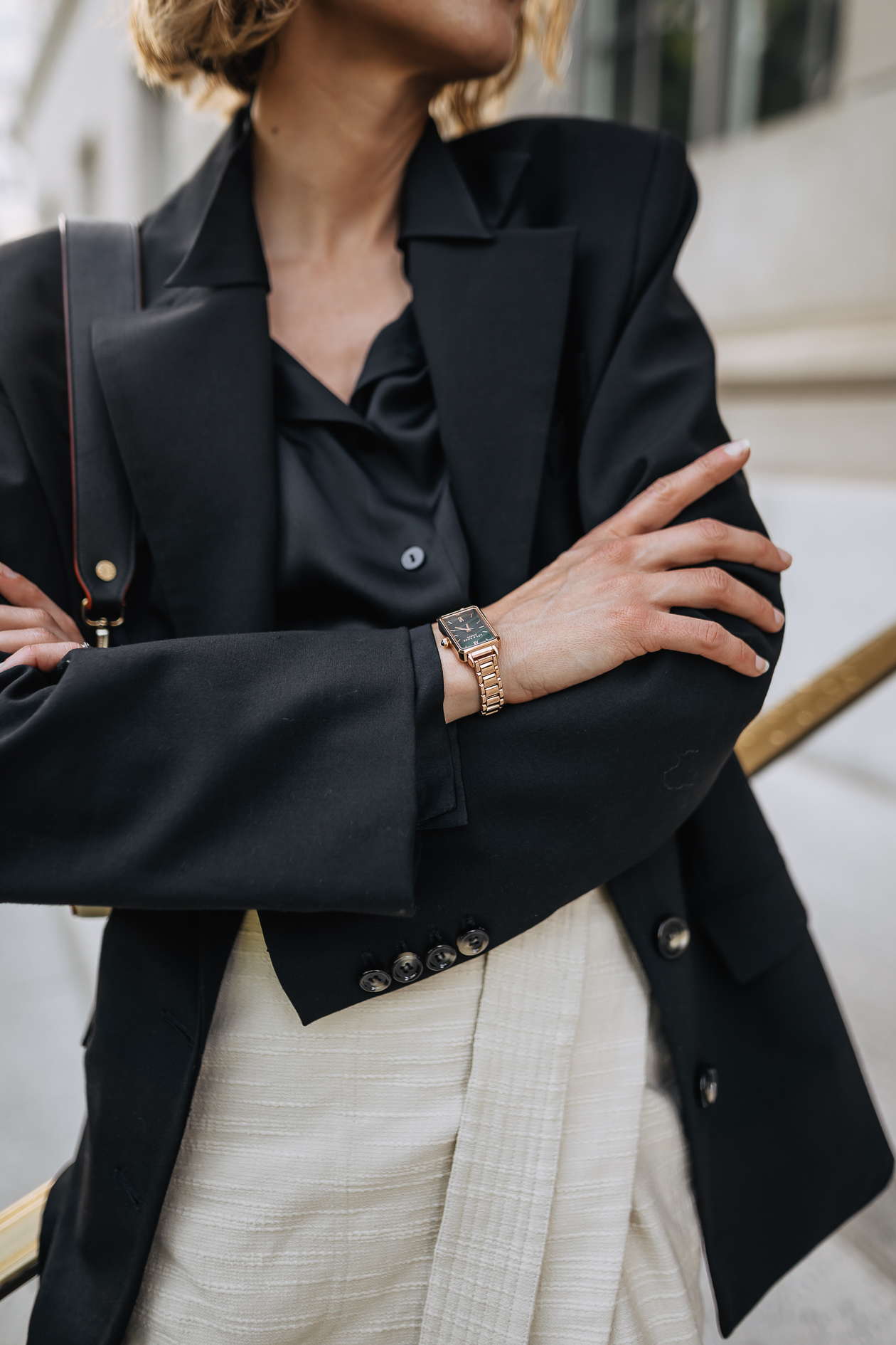 black blazer & beige wrap skirt outfit