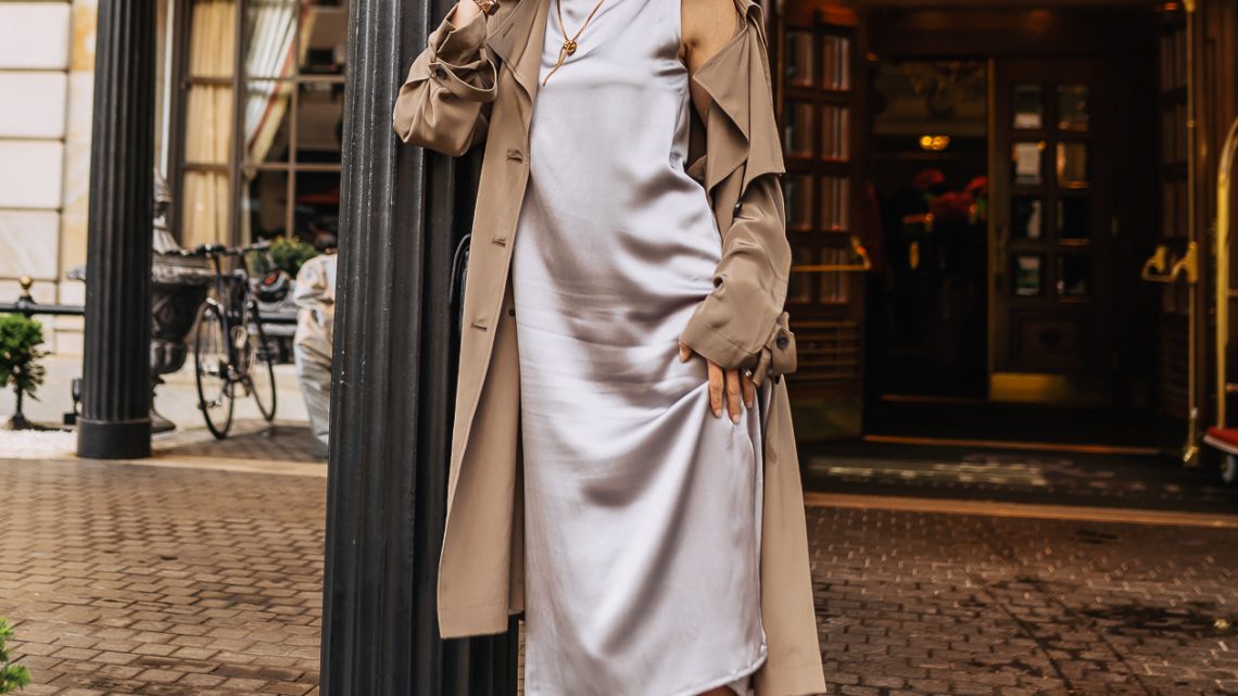 silk dress and trench coat outfit