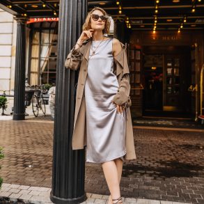 silk dress and trench coat outfit