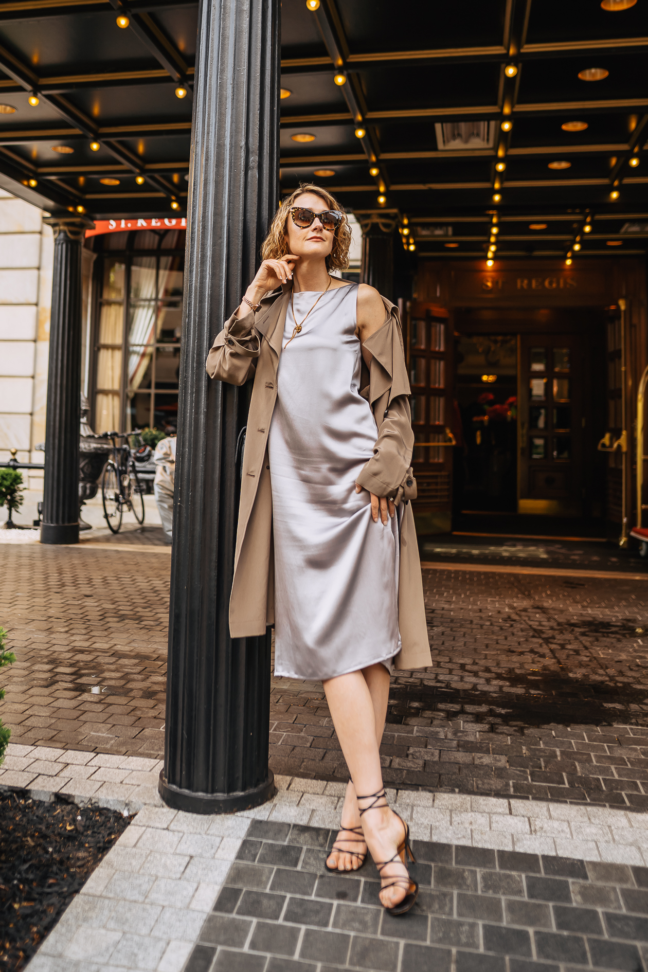 silk dress and trench coat outfit